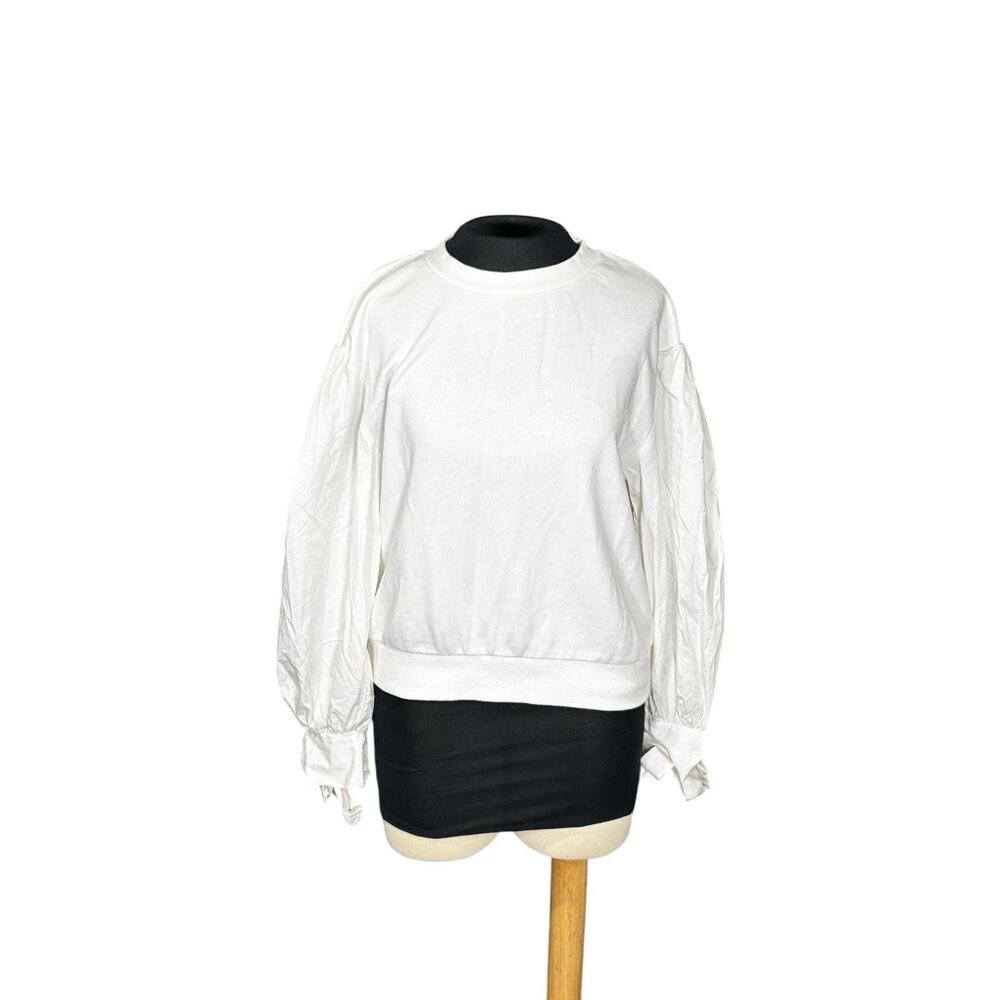 White Balloon Sleeve Sweatshirt With Tie Details Size M H&M Cotton Blend Womens